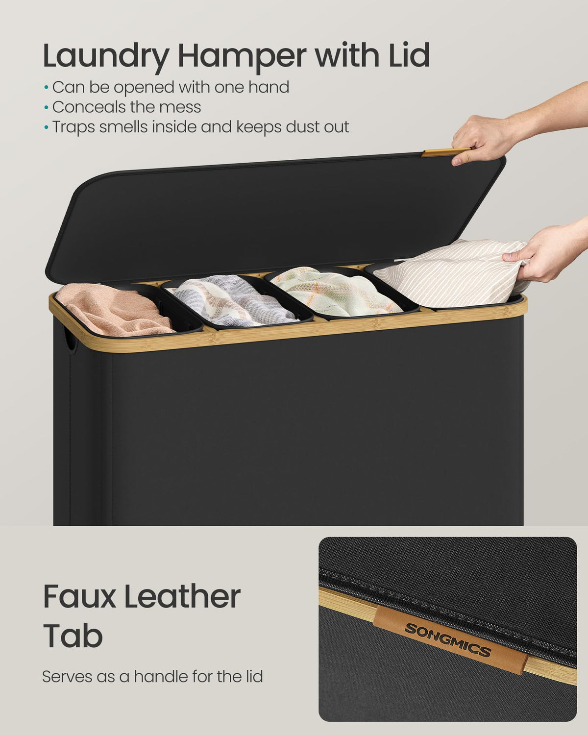 SONGMICS easy assembly hamper sets up in minutes without tools.