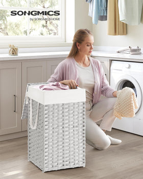 SONGMICS cloud white hamper seen from angle to show compact footprint for tight spaces