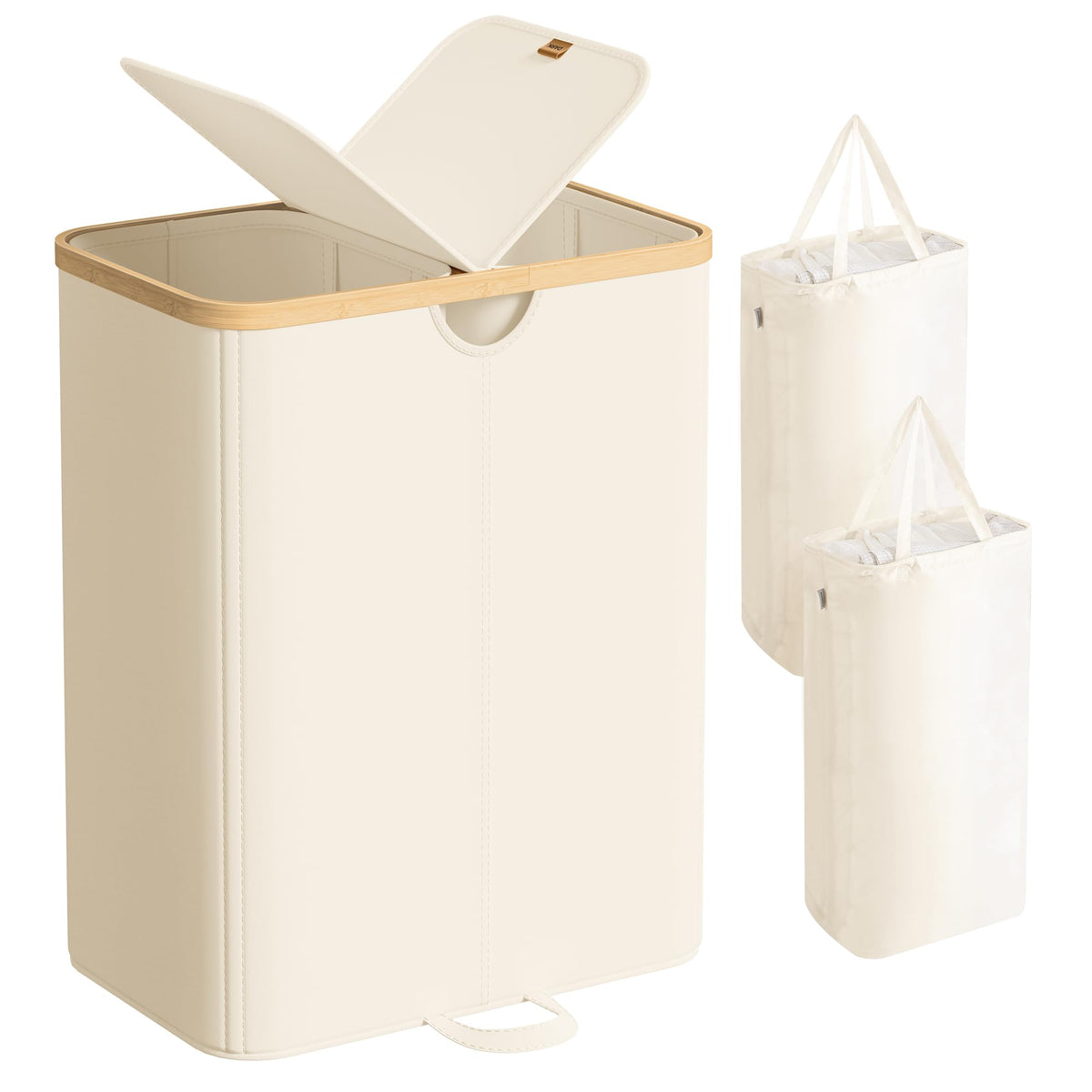 SONGMICS laundry hamper front view with lids showing privacy and storage capacity