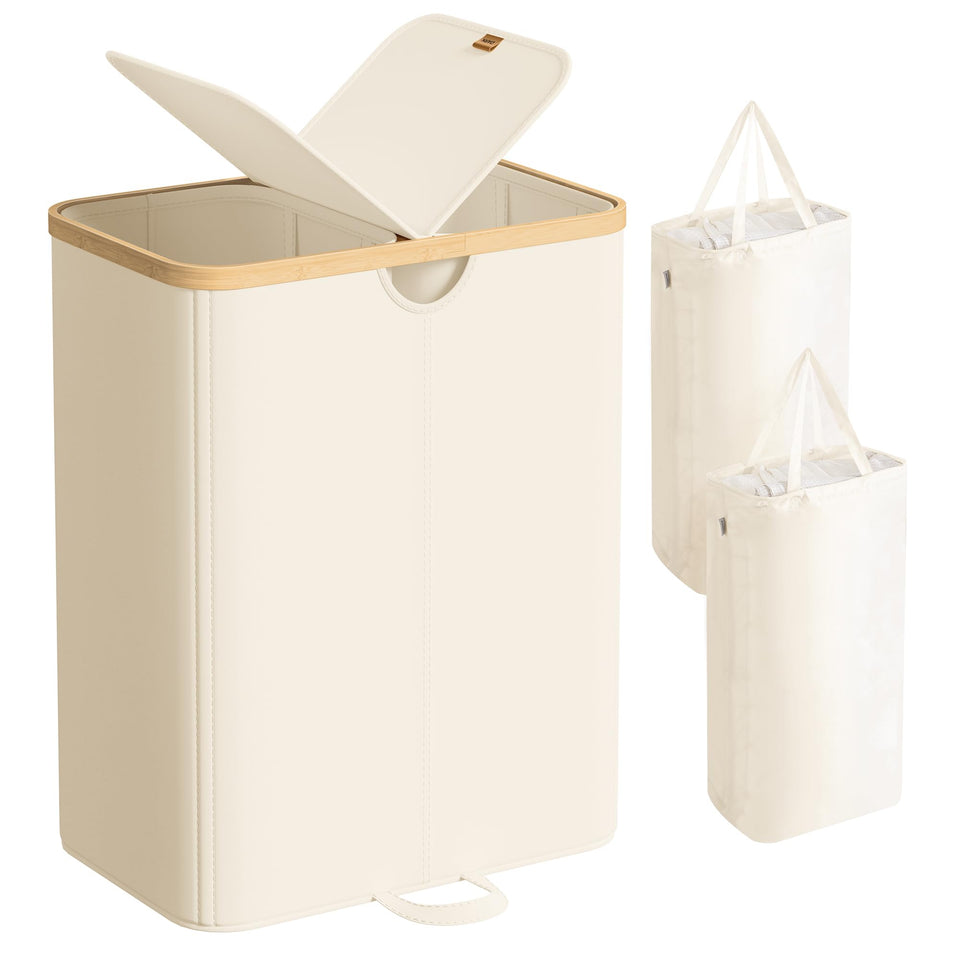 SONGMICS laundry hamper front view with lids showing privacy and storage capacity