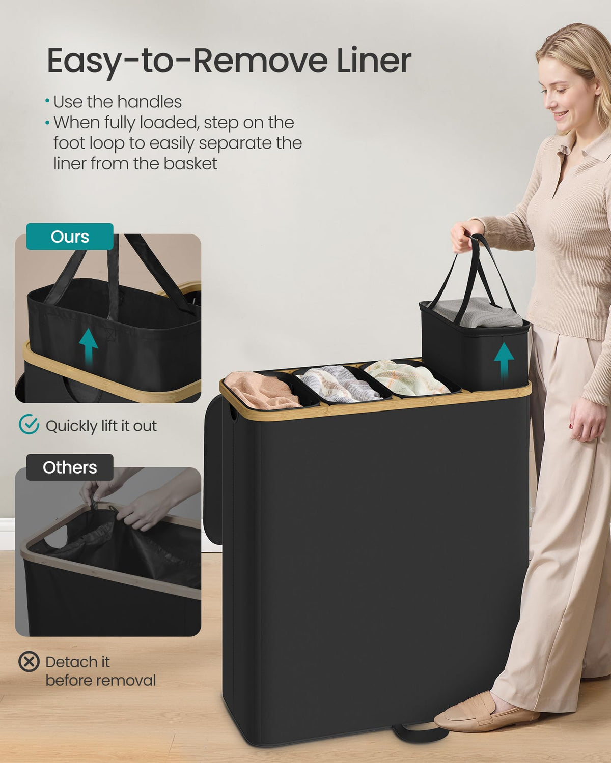 SONGMICS ink black design with bamboo frame blends with decor and hides laundry.
