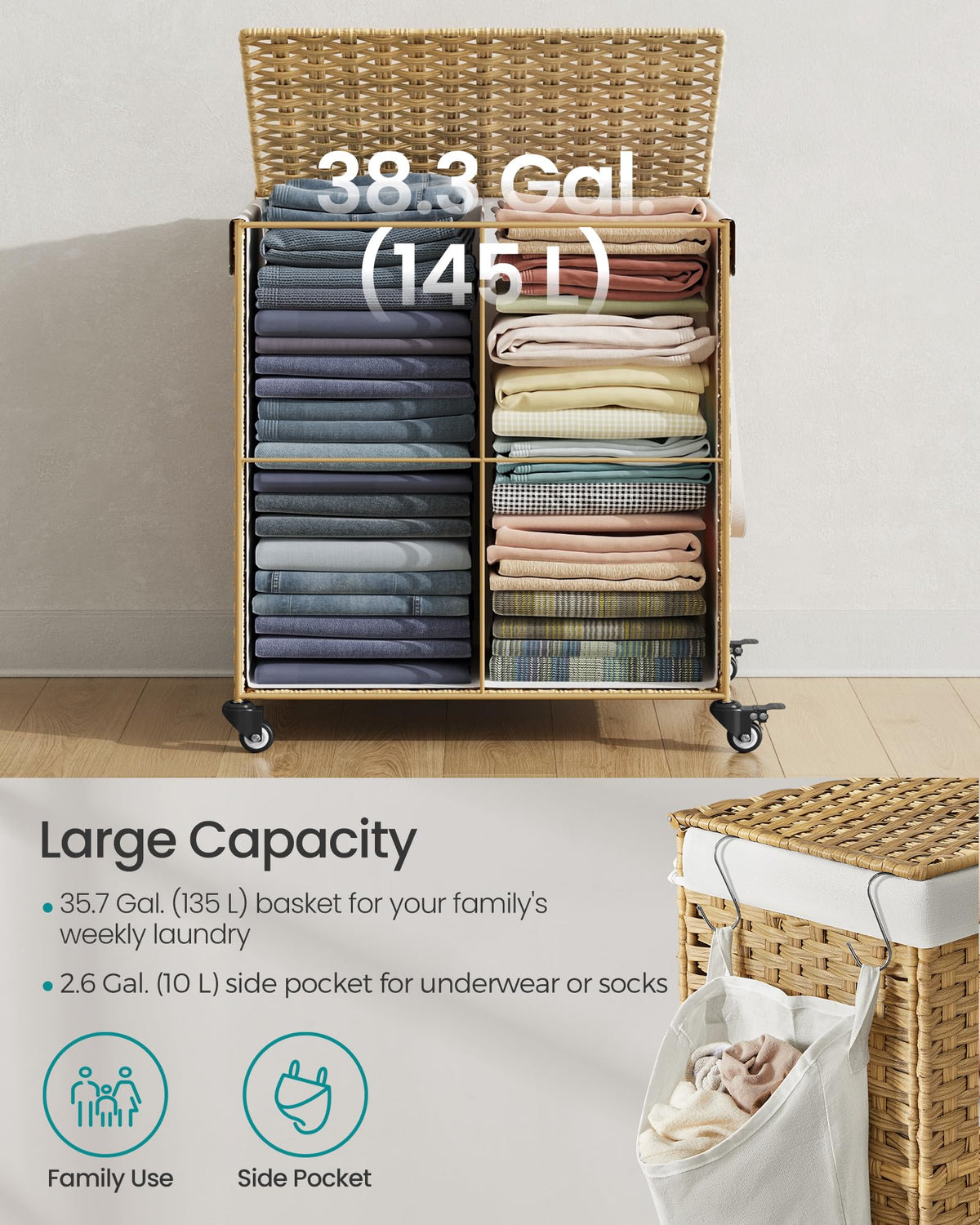 SONGMICS 38.3-gallon capacity supports family laundry needs.