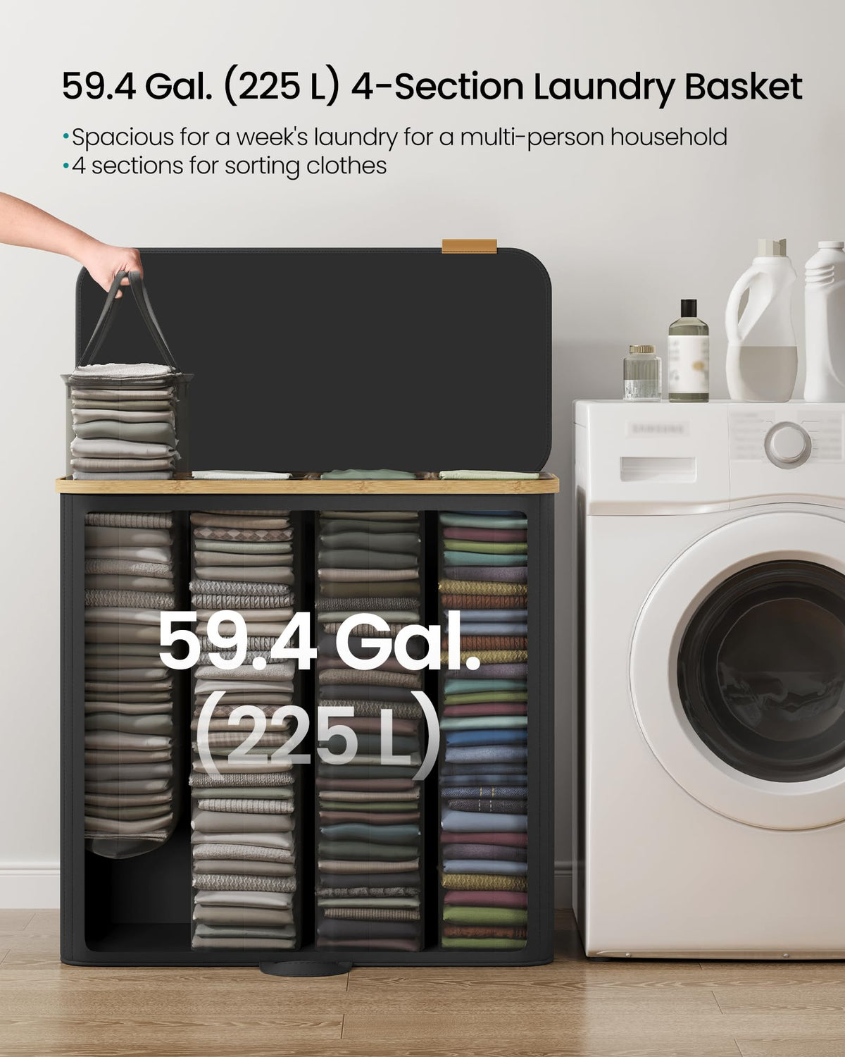 SONGMICS large-capacity carry handles make transport to the laundry room easy.
