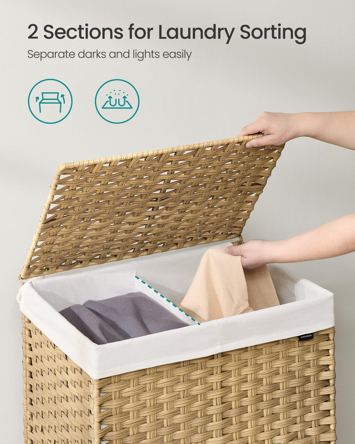 SONGMICS hamper features wheels with brakes for stable movement and placement.