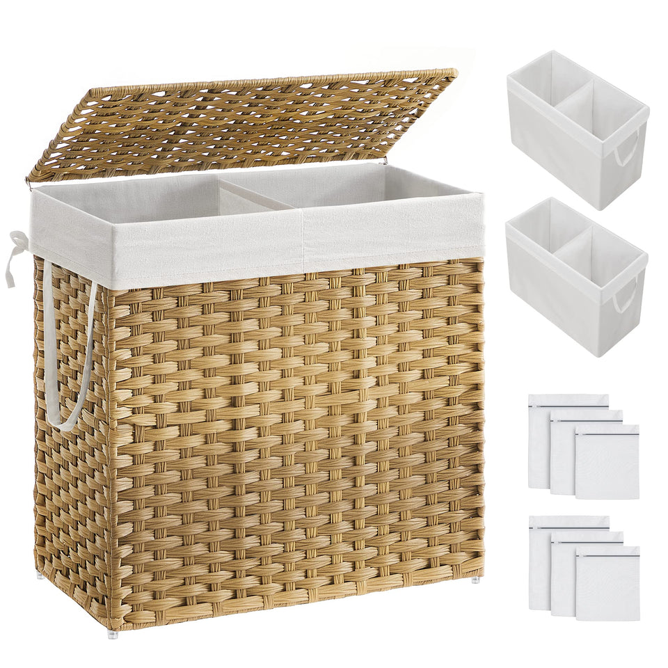SONGMICS laundry hamper with lid showing dual compartments for sorting clothes