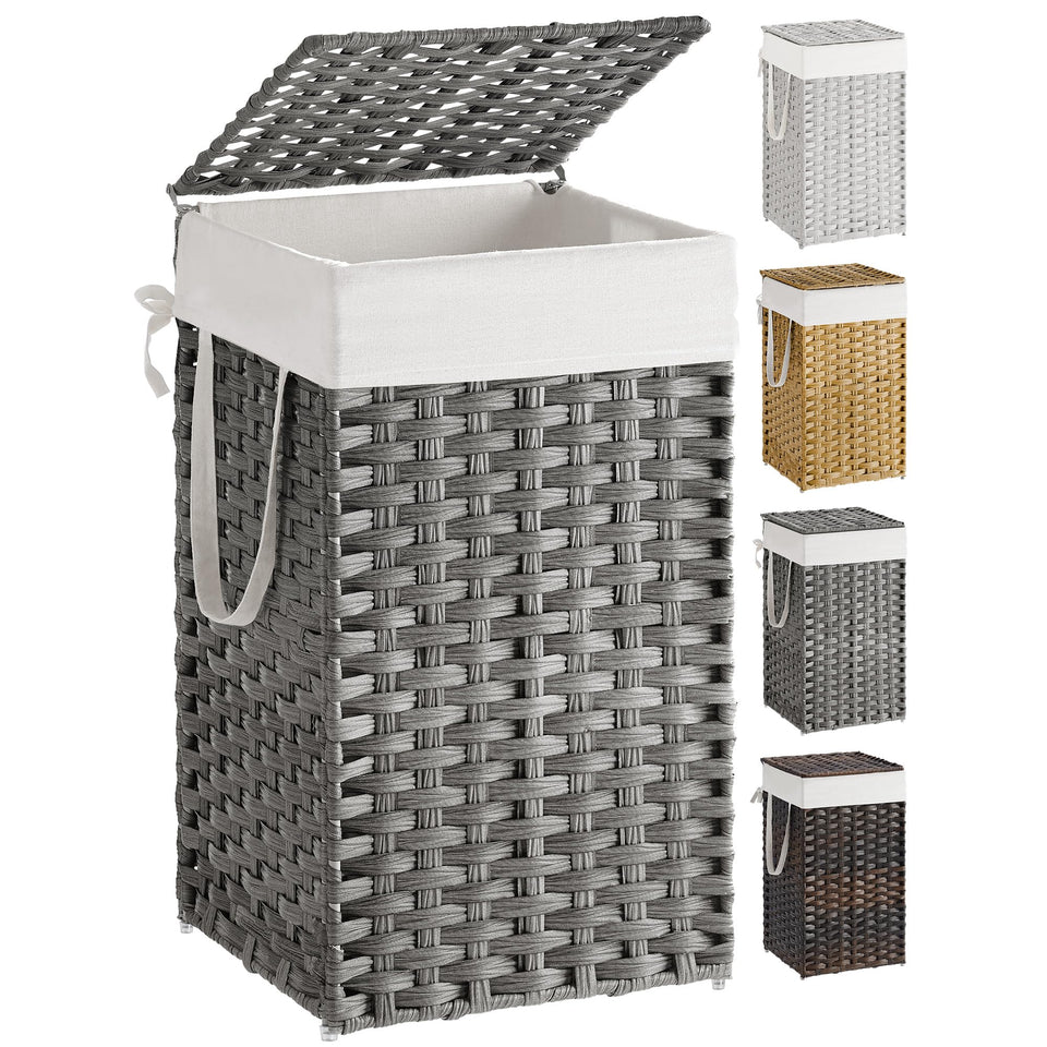 SONGMICS laundry hamper with lid in dove gray hides laundry and reduces odors.
