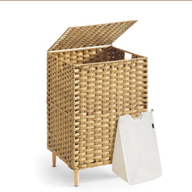 Songmics goose yellow laundry hamper with lid, front view showing ample capacity