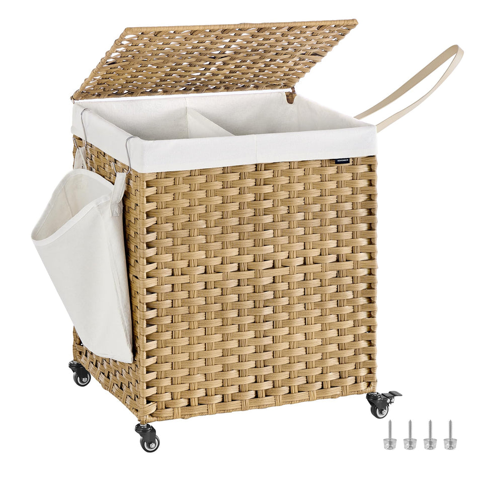 SONGMICS laundry hamper with lid and rolling wheels for easy bedroom transport.