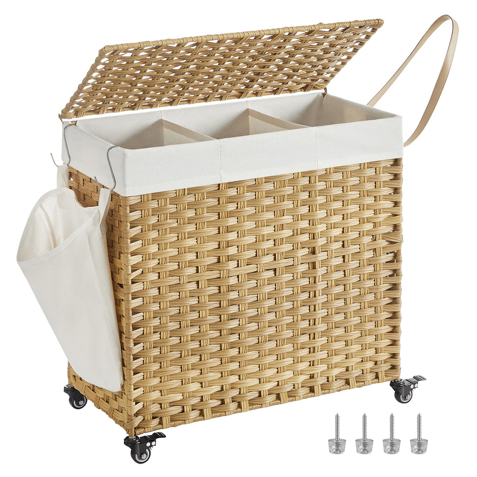 SONGMICS laundry hamper with lid shown in a bedroom setup for discreet storage