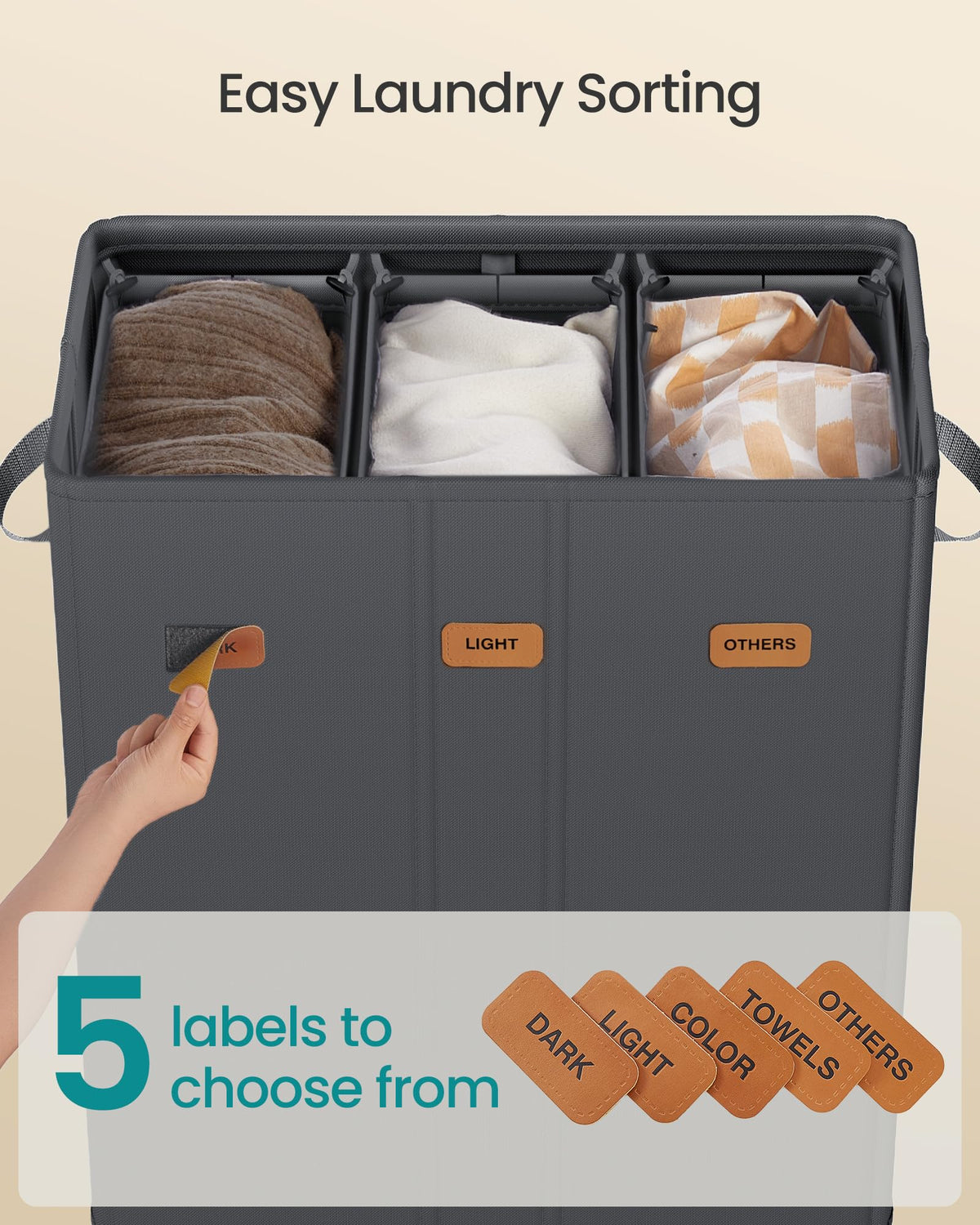 Songmics lid with tab handle for easy opening and privacy.