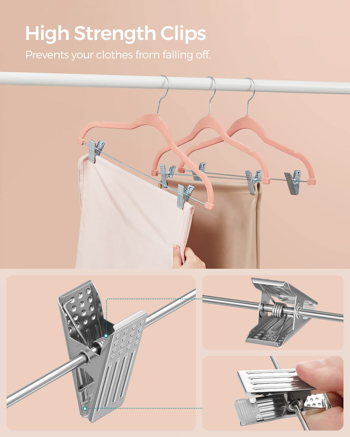 SONGMICS light pink finish adds soft aesthetic to wardrobes.