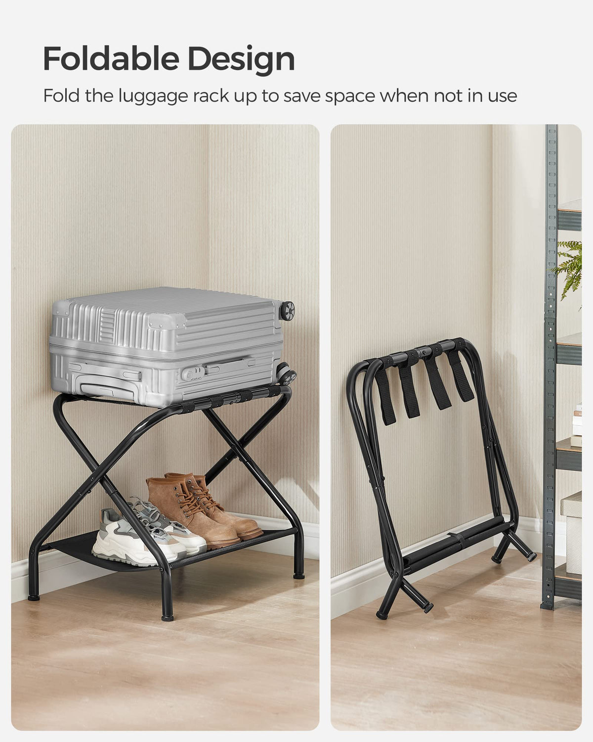 SONGMICS luggage rack adjustable feet protect floors and prevent wobble.