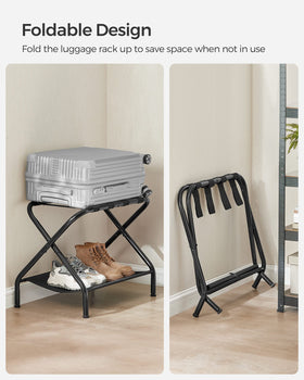 SONGMICS luggage rack adjustable feet protect floors and prevent wobble.
