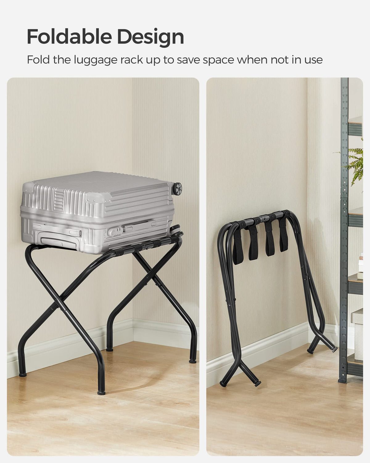 SONGMICS luggage rack with adjustable feet protecting floors and improving stability