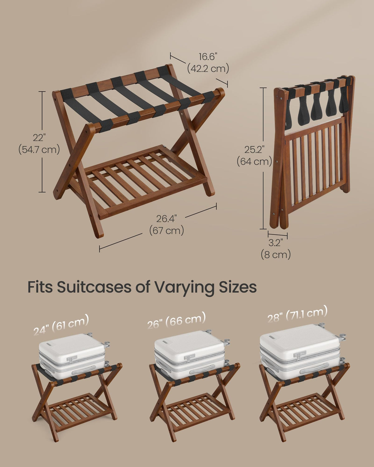 SONGMICS luggage rack with EVA pads and coffee brown finish reduces floor noise