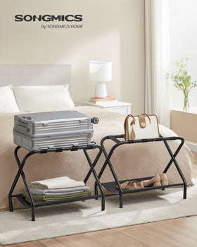 SONGMICS luggage rack with fabric storage shelf keeps essentials within reach.