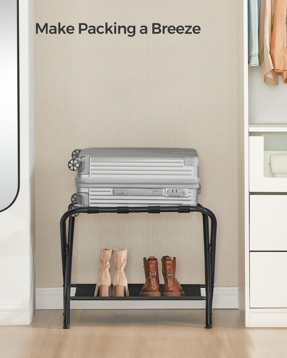SONGMICS luggage rack fits 22–26 inch suitcases for flexible travel prep.