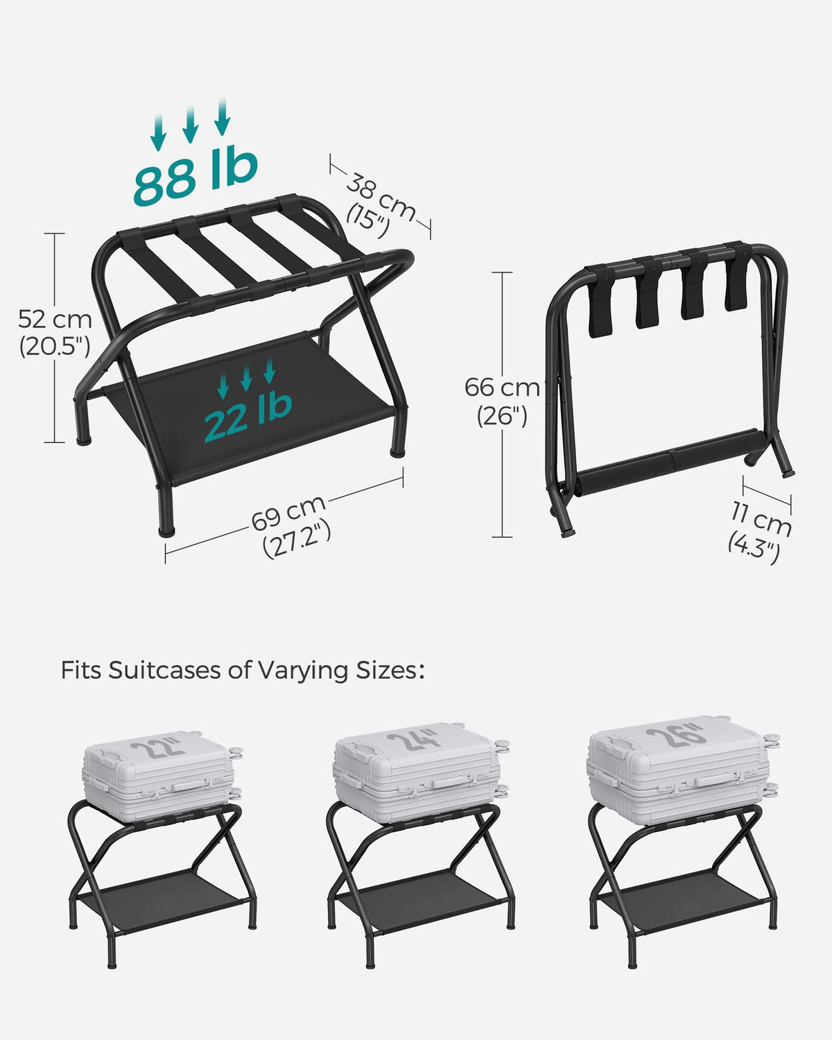 SONGMICS luggage rack folds flat for compact storage when not in use.