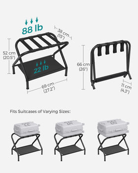 SONGMICS luggage rack folds flat for compact storage when not in use.