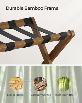 SONGMICS luggage rack holding a suitcase illustrates capacity for 24–28 inch bags.