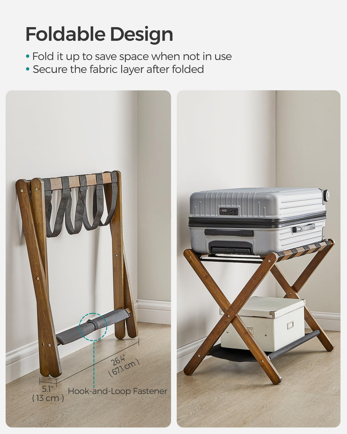 SONGMICS luggage rack in a bedroom scene emphasizes convenient guest room organization.