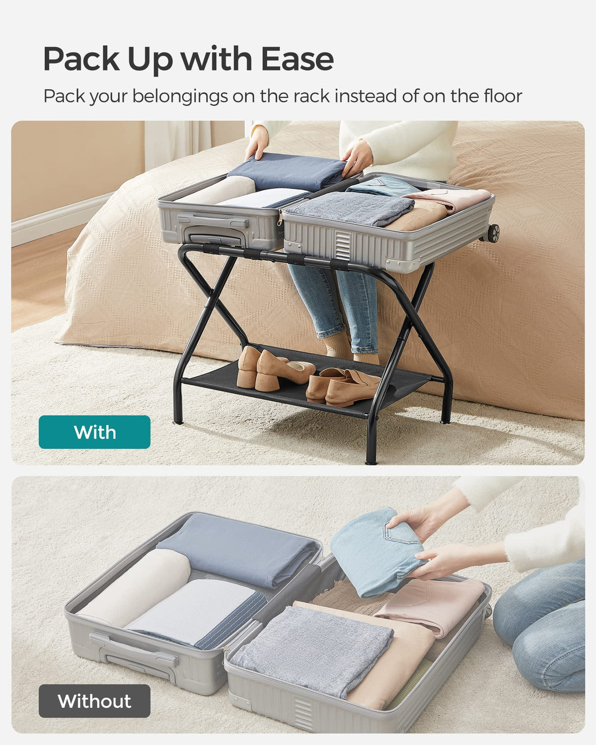 SONGMICS luggage rack nylon straps stay secure for stable suitcase placement.