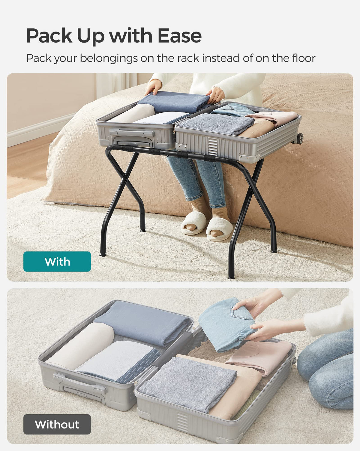 SONGMICS luggage rack with nylon straps securing luggage during use