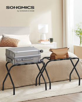 SONGMICS luggage rack standing setup in a hotel room ready for guests