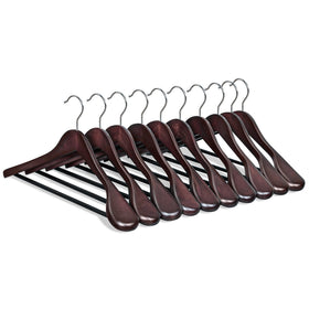 SONGMICS mahogany wooden hanger closeup highlighting premium finish and strong support.
