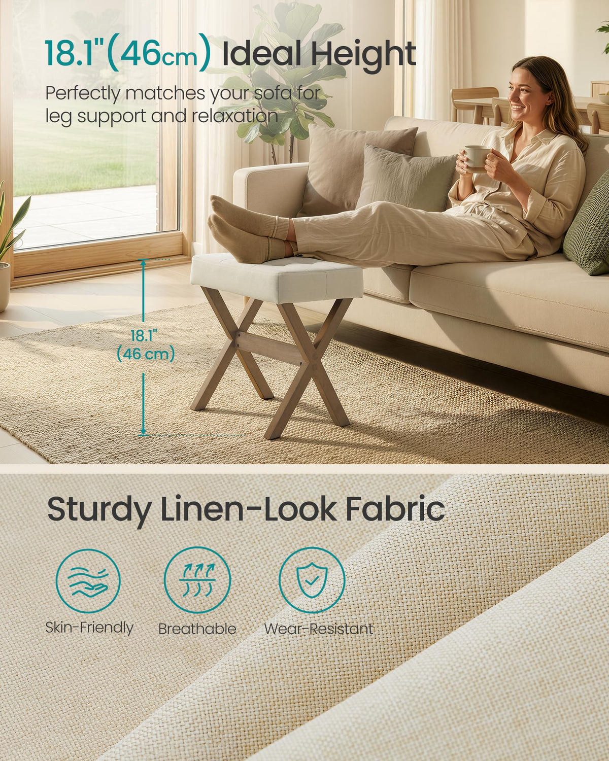 Songmics makeup stool linen-look fabric texture highlighting durable upholstery