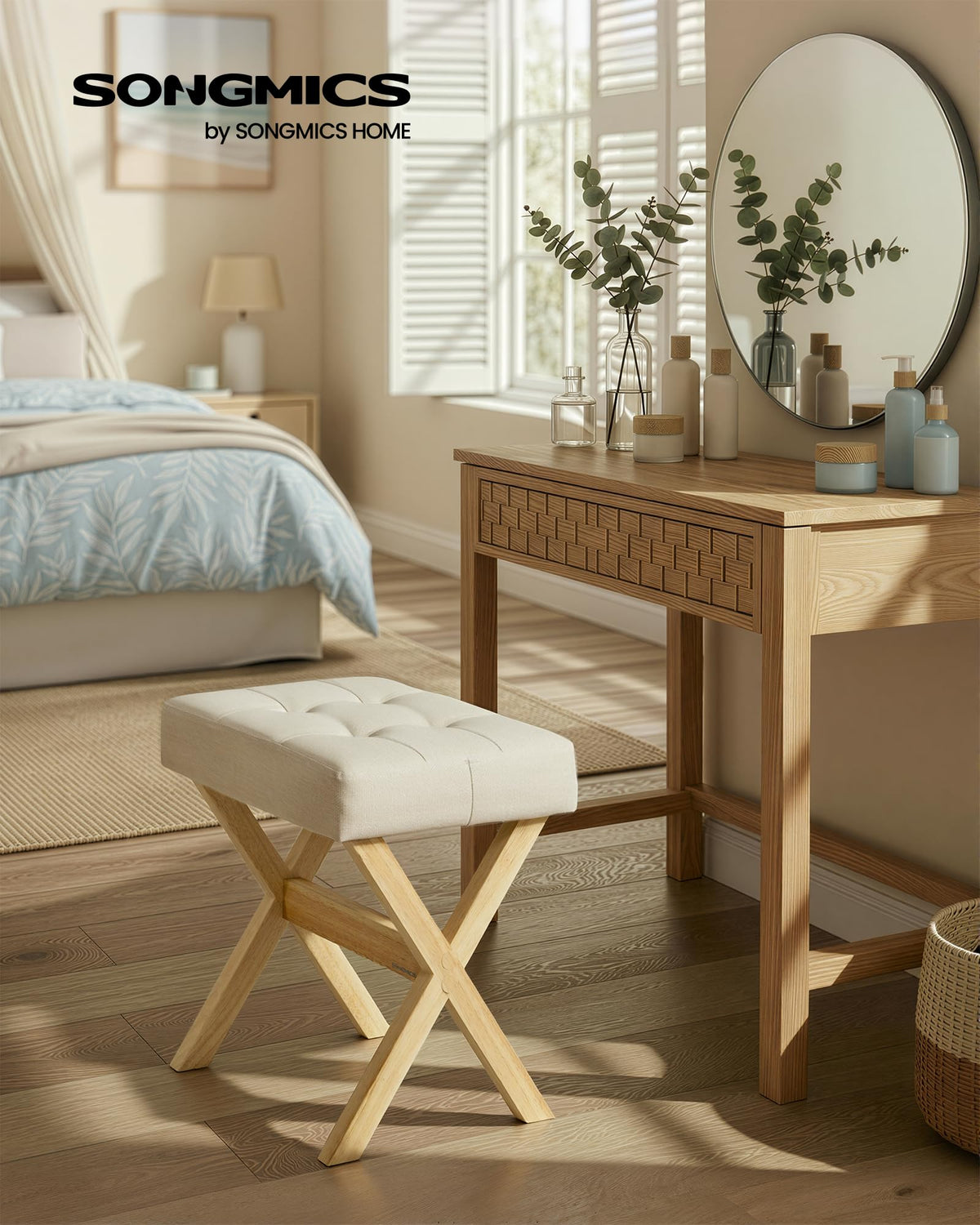 SONGMICS makeup stool with solid wood X-legs showing sturdy construction