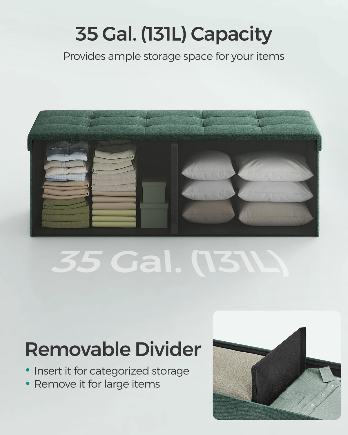 SONGMICS MAZIE spacious interior with removable divider keeps items organized.