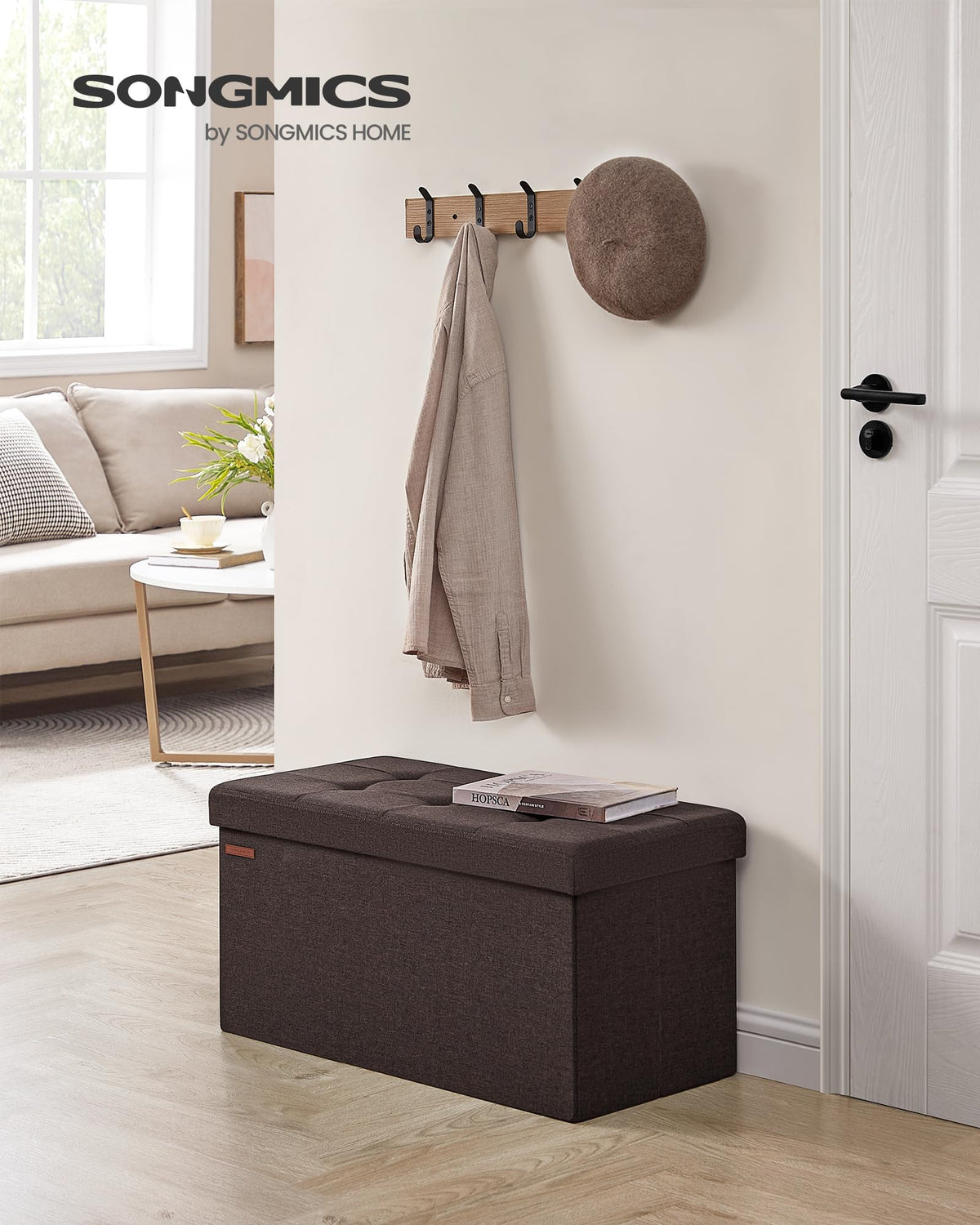 SONGMICS Mazie 30-inch ottoman highlights 89 L capacity for bedding and magazines