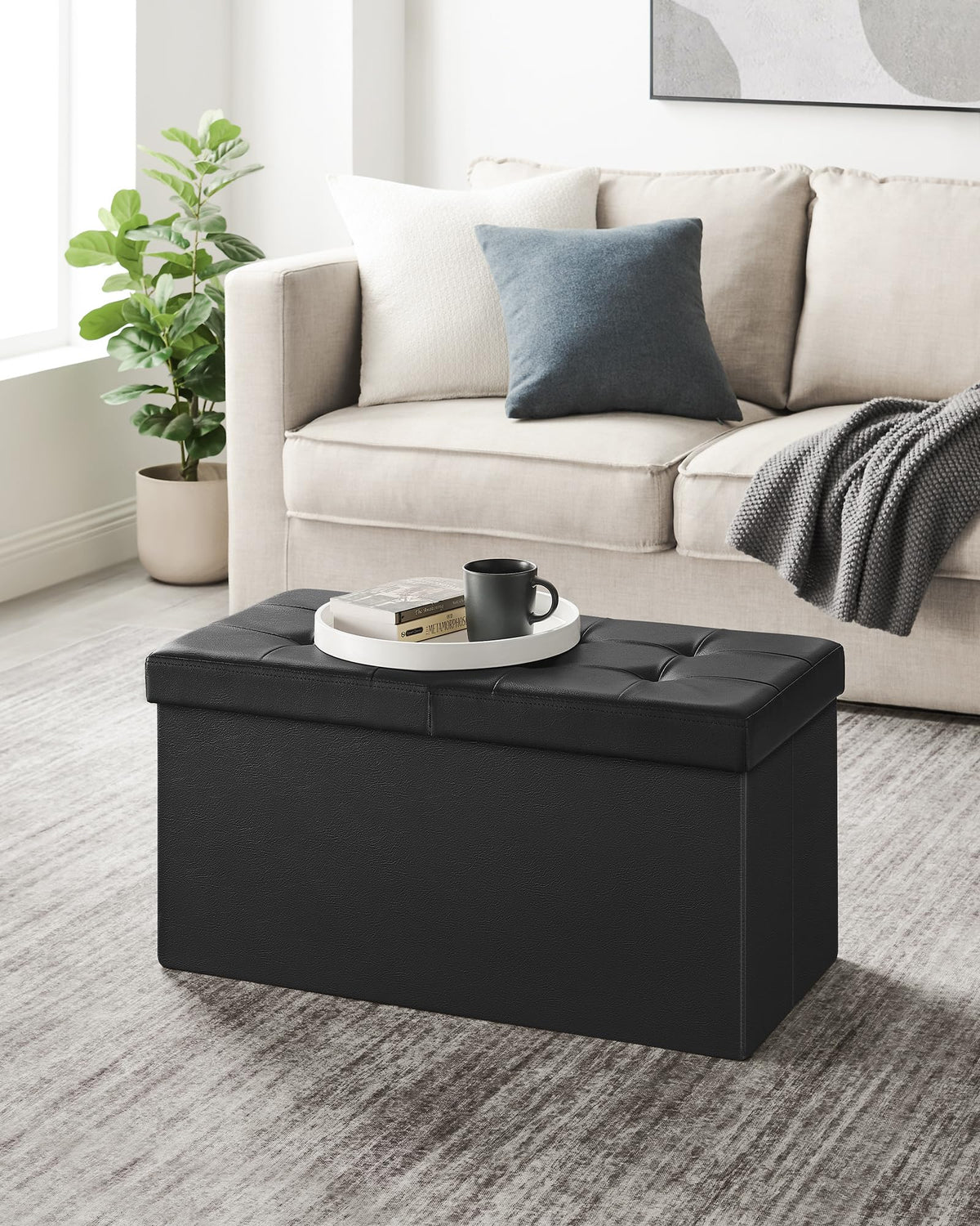 Songmics MAZIE 30-inch ottoman open-lid view with accessible storage.