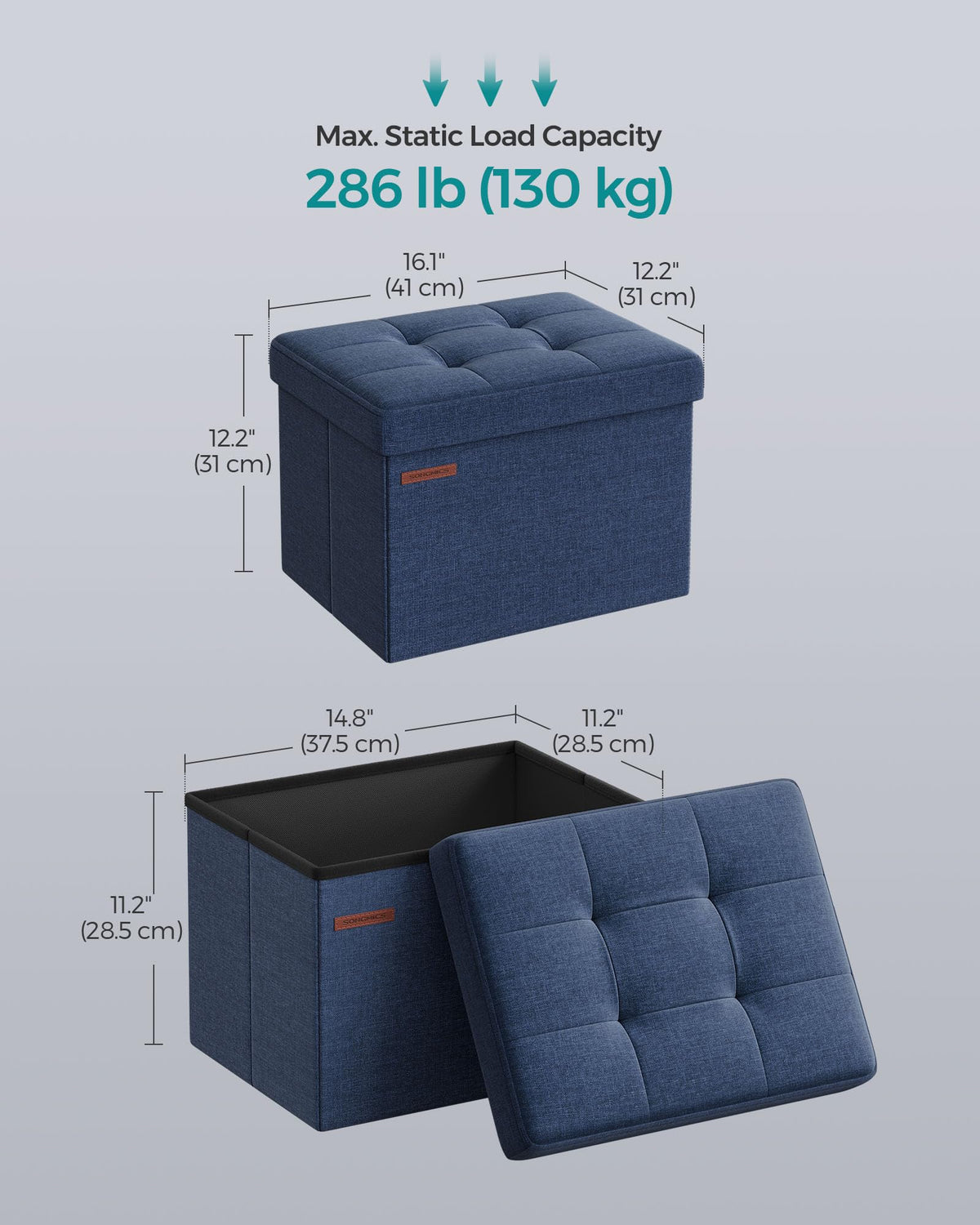 SONGMICS Mazie ottoman stores 32 L of clothes, books, or magazines neatly.