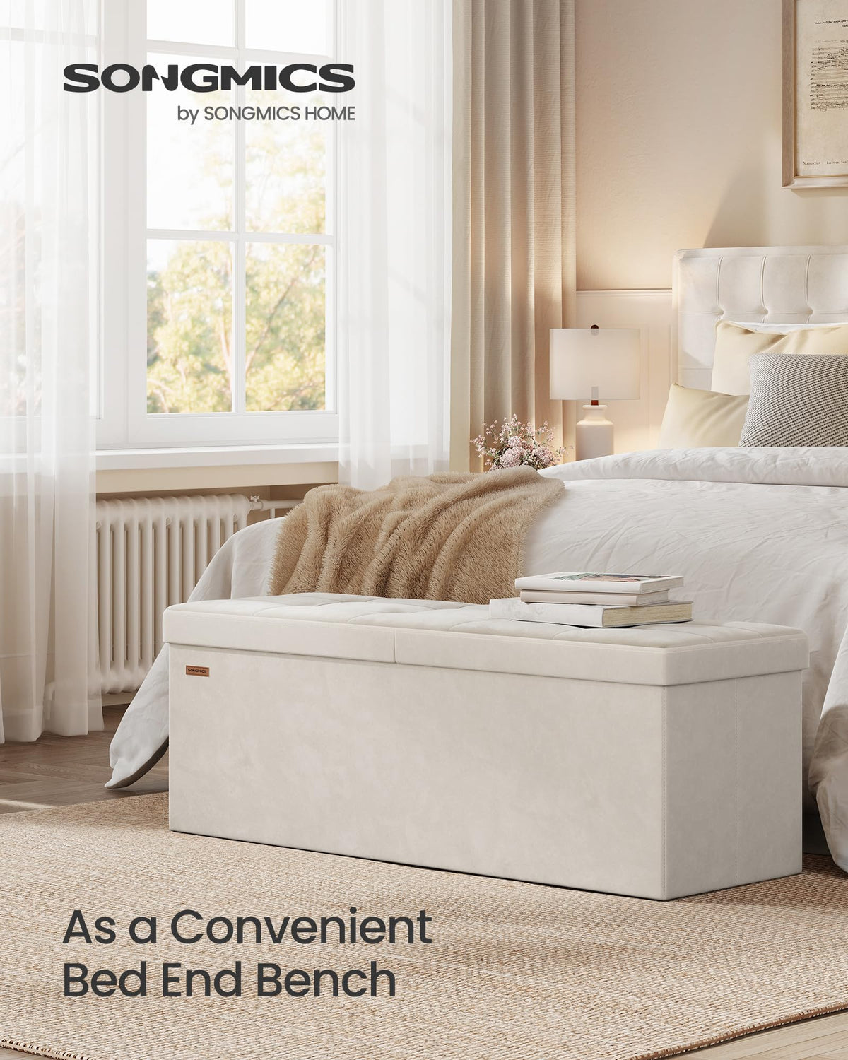 SONGMICS Mazie 43-inch storage bench provides ample seating and hidden storage.