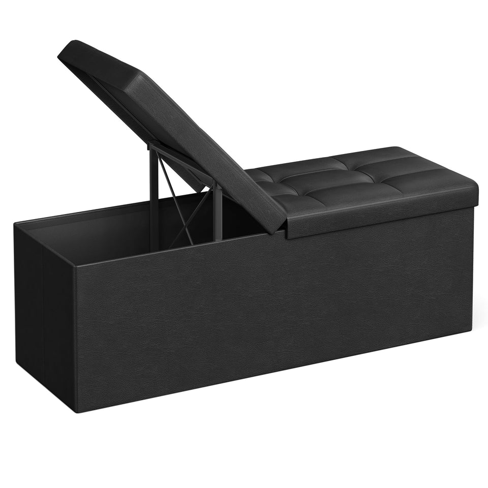 SONGMICS Mazie 43-inch ottoman with folding lid showing quick setup and hidden storage