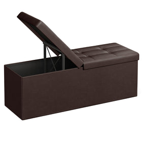 SONGMICS MAZIE 43 inch ottoman lid flips to reveal hidden storage.
