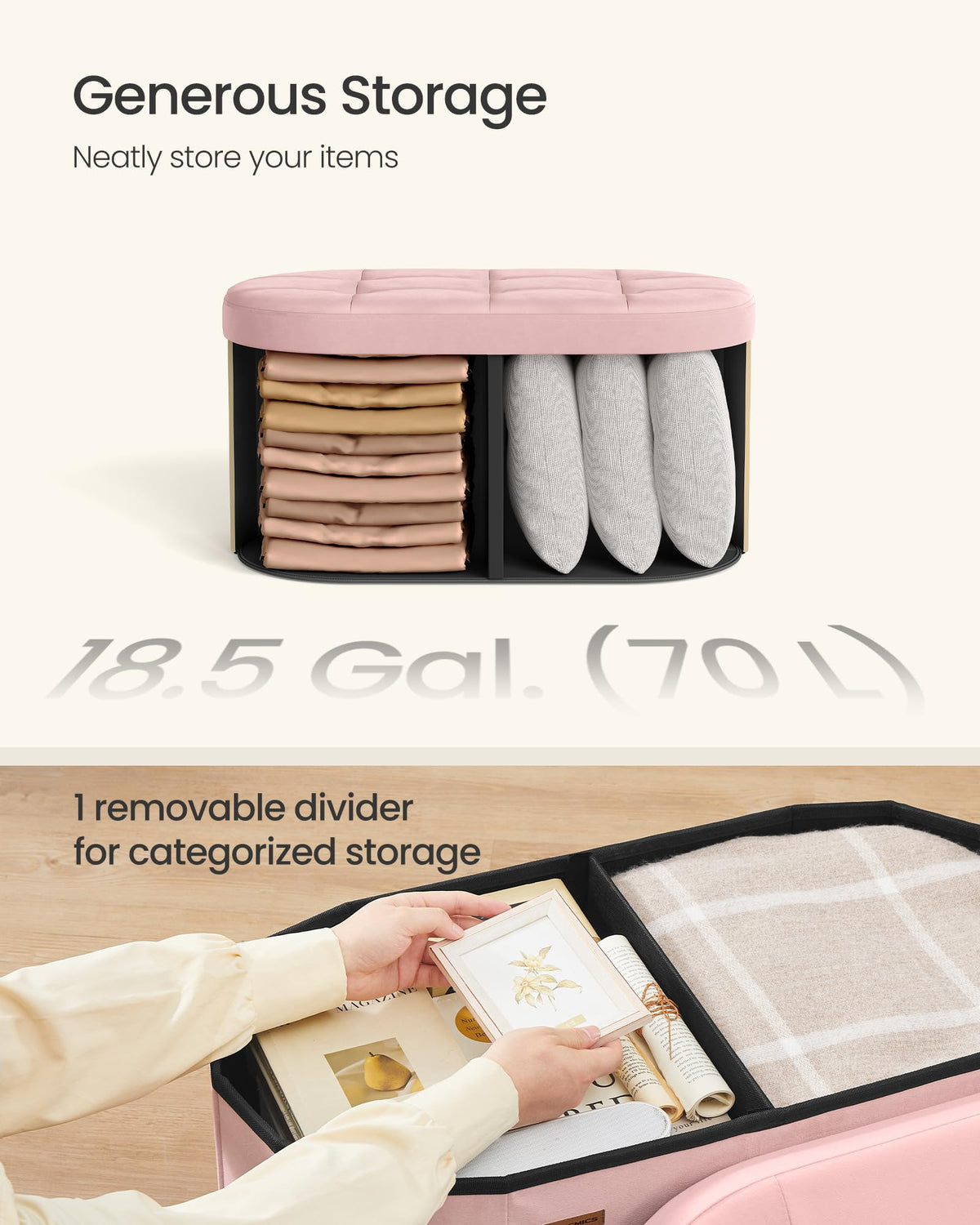 Songmics Mazie 70-liter internal divider keeps blankets organized