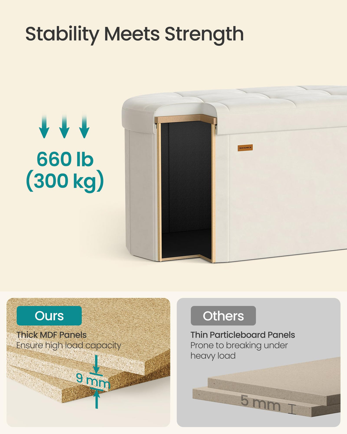 Songmics Mazie features a sturdy 9mm MDF top panel for reliable support.