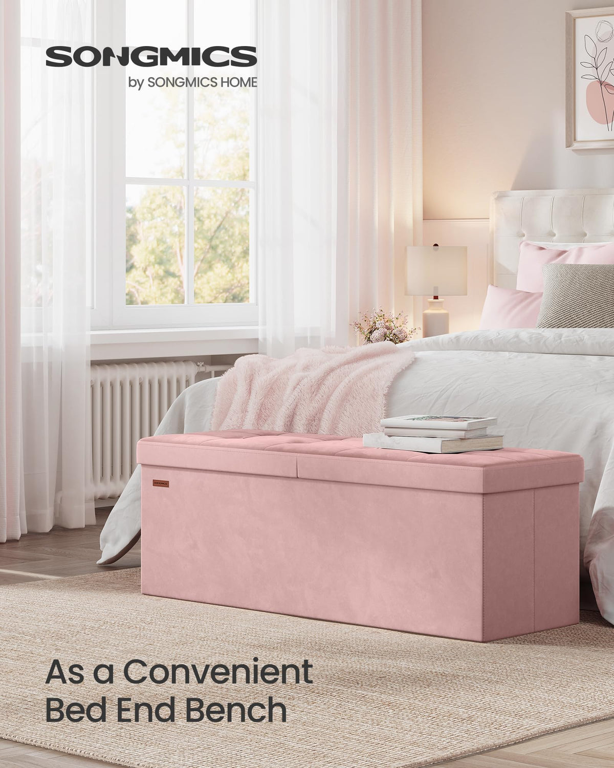SONGMICS Mazie 43-inch storage bench offers ample space for blankets and books.