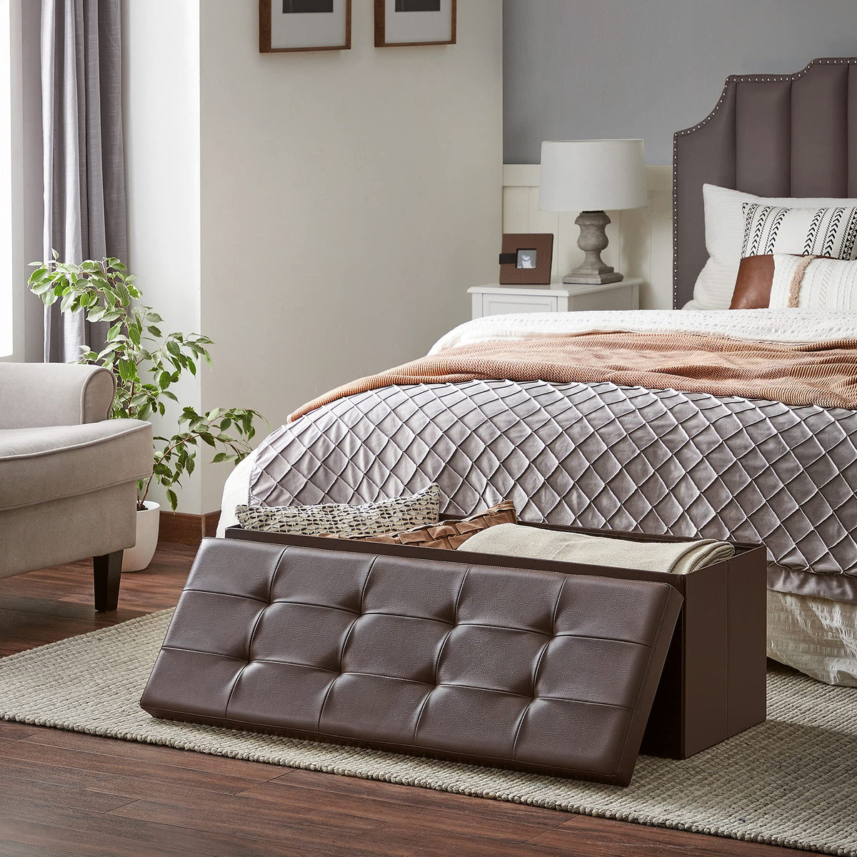 Foldable MAZIE ottoman designed for quick, tool free setup.