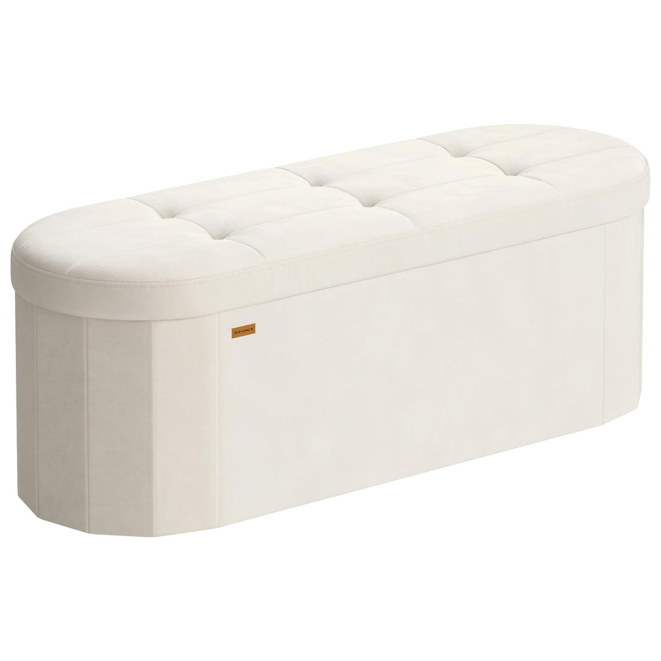 Songmics Mazie oval storage ottoman in cream velvet offers stylish seating with hidden storage