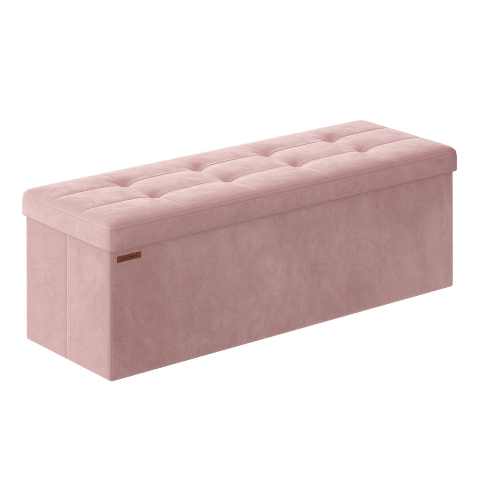 SONGMICS Mazie storage ottoman foldable lid view highlights quick setup and versatile seating