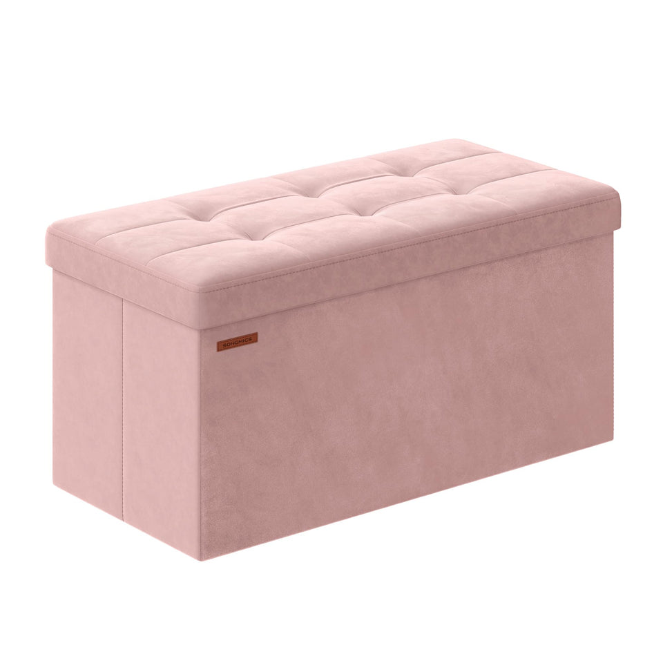 SONGMICS Mazie foldable ottoman shown during quick assembly and storage.