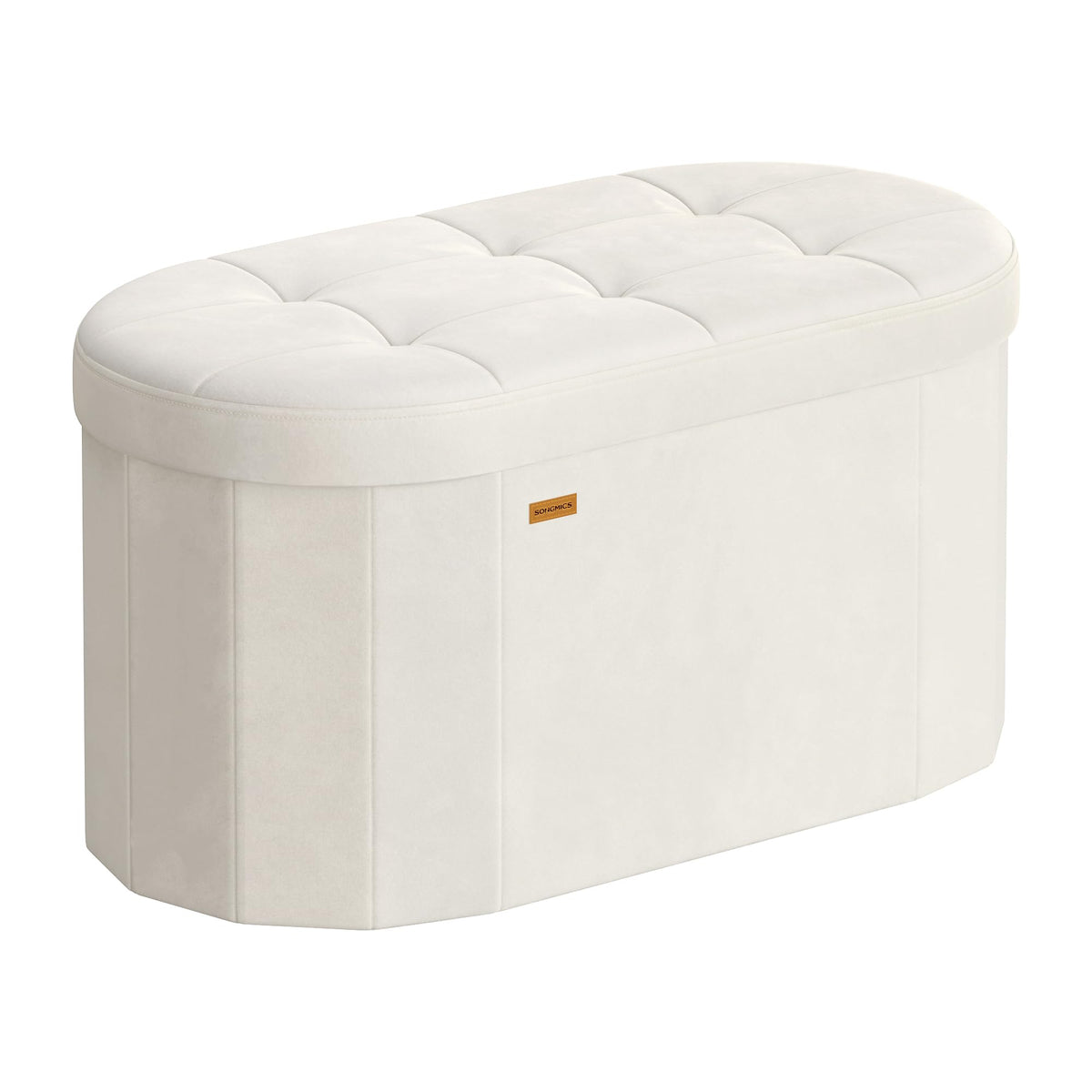 Songmics Mazie folding ottoman in cream velvet offers stylish seating and hidden storage.