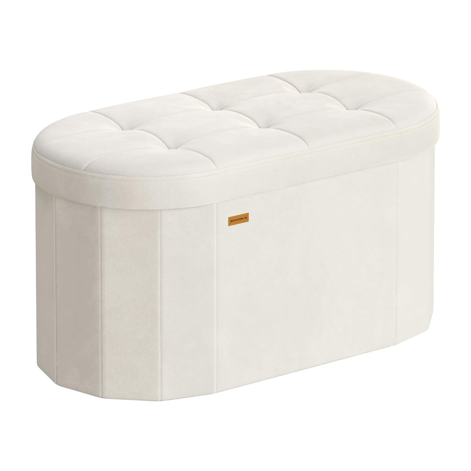 Songmics Mazie folding ottoman in cream velvet offers stylish seating and hidden storage.