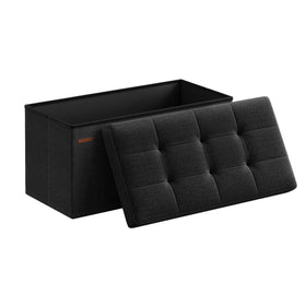 SONGMICS Mazie folding ottoman shows quick assembly for instant seating and storage.