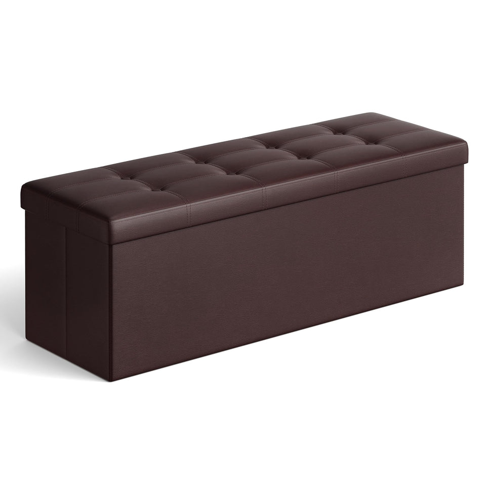SONGMICS Mazie folding storage ottoman in brown provides extra seating and storage.