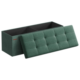 SONGMICS MAZIE folding ottoman close-up shows linen-like fabric and tufted top for comfortable seating.